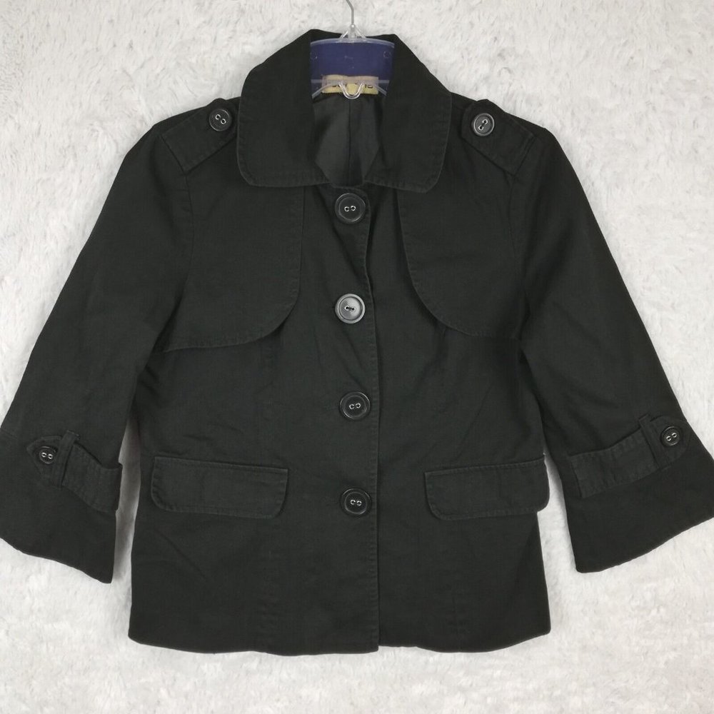 Notations Womens Jacket Blazer Denim‎ Black 3/4 Sleeve Button Down Lined S